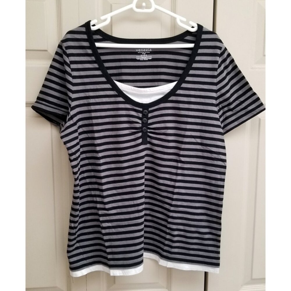 Lane Bryant neutral gray black white striped button fooler scoop neck t-shirt